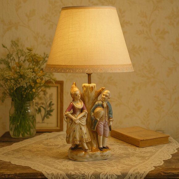 Vintage French Colonial Couple Ceramic Figurine Lamp Base Japan 8in Decor - Picture 2 of 6